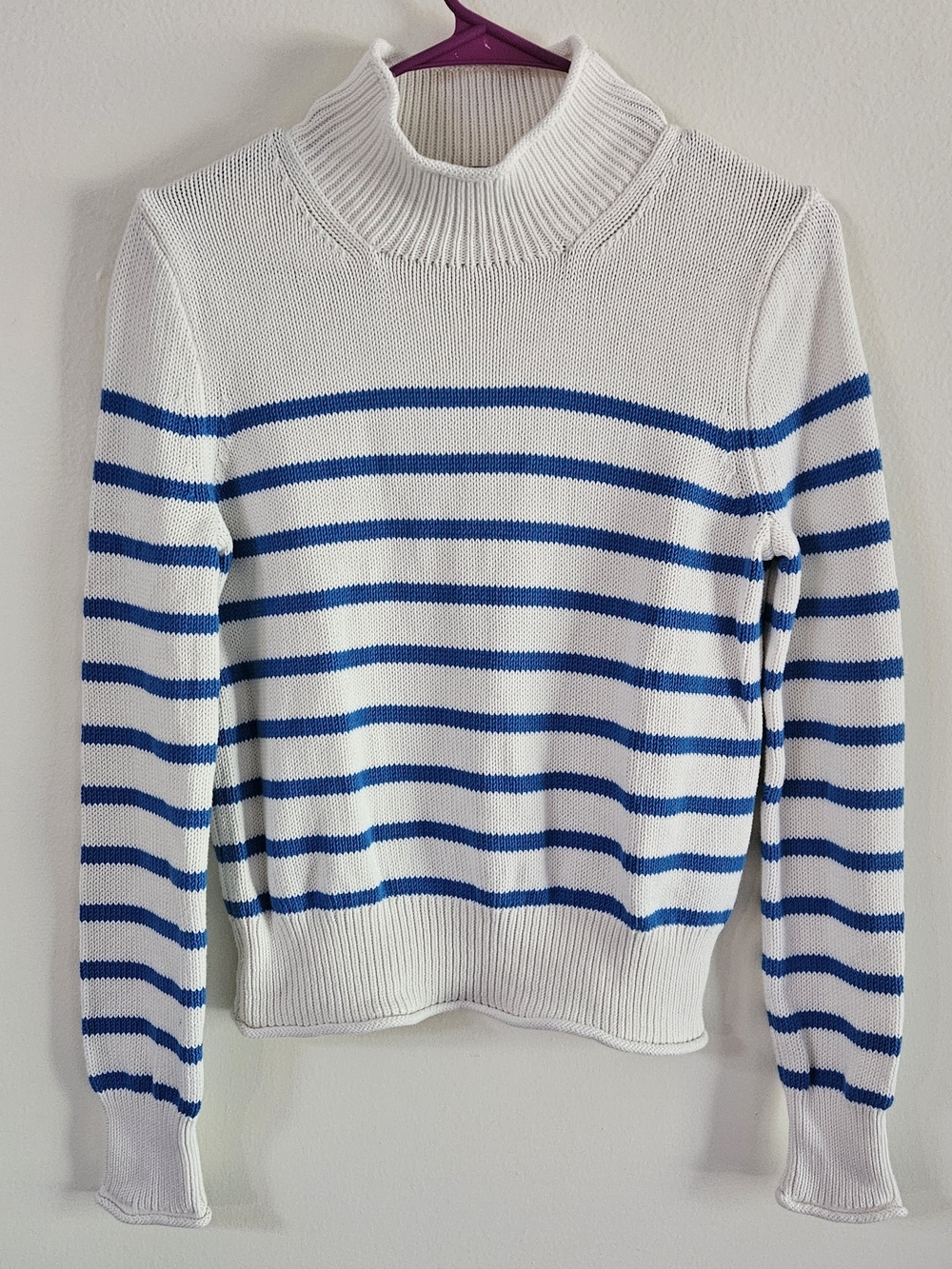 J. Crew White & Blue Striped Roll-neck Sweater. Fall, Cozy, Trendy Cotton